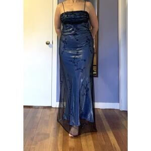 Vintage Fairy Ghotic Whimsical Prom Blue Long Dress With Black Net Medium Beaded